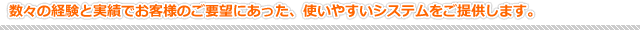 数々の経験と実績でお客様のご要望にあった、使いやすいシステムをご提供します。 数々の経験と実績でお客様のご要望にあった、使いやすいシステムをご提供します。